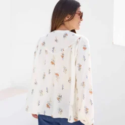 Chemisier fluide à plastron froncé, imprimé bouquets
