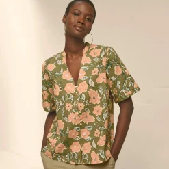 Chemisier imprimé floral col tunisien, manches courtes