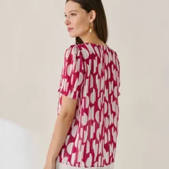 Chemisier manches blousantes imprimé bicolore, voile jacquard