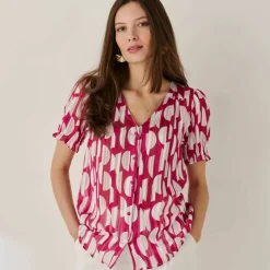 Chemisier manches blousantes imprimé bicolore, voile jacquard