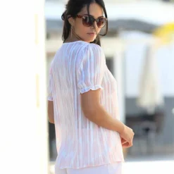 Chemisier manches blousantes imprimé bicolore, voile jacquard