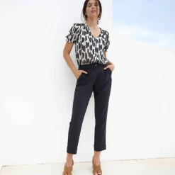 Chemisier manches blousantes imprimé bicolore, voile jacquard