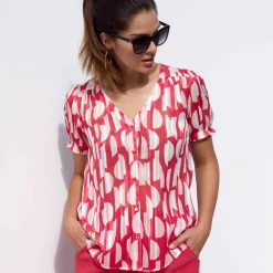 Chemisier manches blousantes imprimé bicolore, voile jacquard