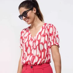 Chemisier manches blousantes imprimé bicolore, voile jacquard