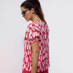 Chemisier manches blousantes imprimé bicolore, voile jacquard