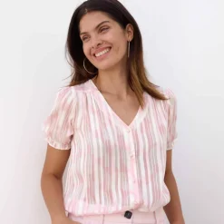 Chemisier manches blousantes imprimé bicolore, voile jacquard