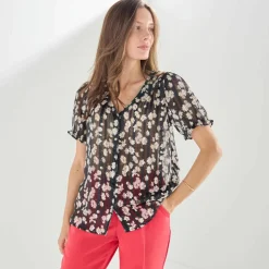 Chemisier manches blousantes imprimé floral, voile jacquard