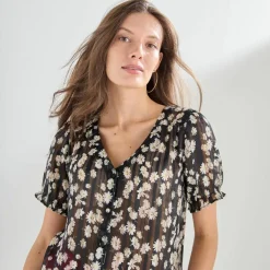 Chemisier manches blousantes imprimé floral, voile jacquard