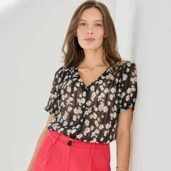 Chemisier manches blousantes imprimé floral, voile jacquard