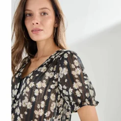 Chemisier manches blousantes imprimé floral, voile jacquard