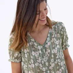 Chemisier manches blousantes imprimé floral, voile jacquard
