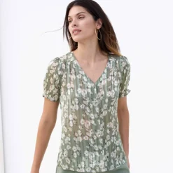 Chemisier manches blousantes imprimé floral, voile jacquard