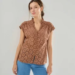Chemisier manches courtes col volanté, broderie anglaise