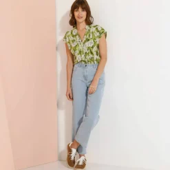 Chemisier manches courtes col volanté, imprimé floral