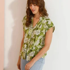 Chemisier manches courtes col volanté, imprimé floral