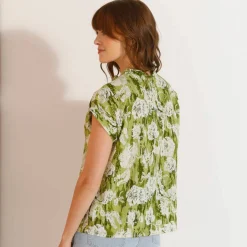 Chemisier manches courtes col volanté, imprimé floral