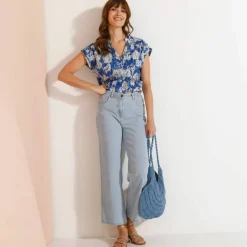 Chemisier manches courtes col volanté, imprimé floral