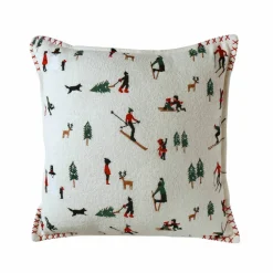 Coussin coton bouclette, broderies skieurs