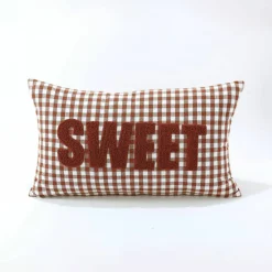 Coussin en coton, message SWEET et carreaux tissé-teint
