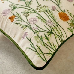 Coussin rectangulaire coton lin broderie fleurie