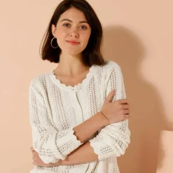 Gilet boutonné col rond à écailles, maille ajourée