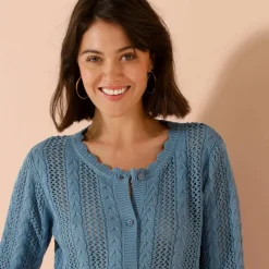 Gilet boutonné col rond à écailles, maille ajourée