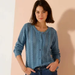 Gilet boutonné col rond à écailles, maille ajourée
