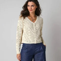 Gilet boutonné en coton ajouré manches longues