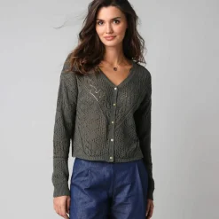 Gilet boutonné en coton ajouré manches longues