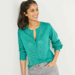 Gilet boutonné, maille ajourée