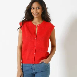 Gilet boutonné sans manches, maille ajourée