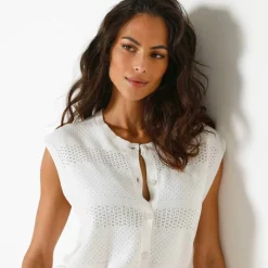 Gilet boutonné sans manches, maille ajourée
