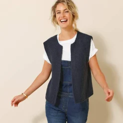 Gilet col rond sans manches, point mousse