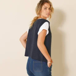 Gilet col rond sans manches, point mousse