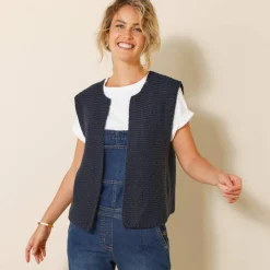 Gilet col rond sans manches, point mousse