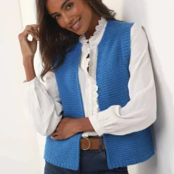 Gilet col rond sans manches, point mousse