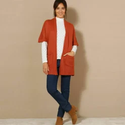 Gilet long ouvert manches courtes toucher doux