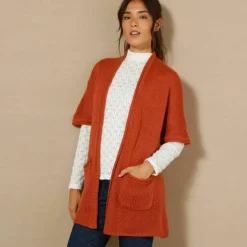 Gilet long ouvert manches courtes toucher doux
