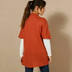 Gilet long ouvert manches courtes toucher doux
