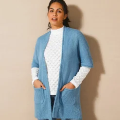 Gilet long ouvert manches courtes toucher doux