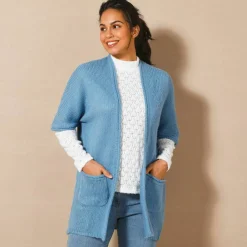 Gilet long ouvert manches courtes toucher doux