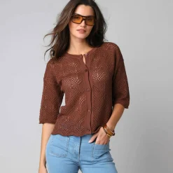 Gilet maille ajourée manches coude