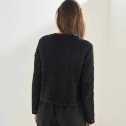 Gilet manches longues, maille ajourée fantaisie