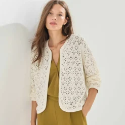 Gilet manches longues, maille ajourée fantaisie