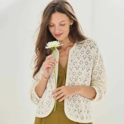 Gilet manches longues, maille ajourée fantaisie