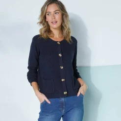 Gilet paletot maille fantaisie, boutons effet corne