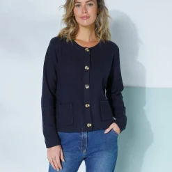 Gilet paletot maille fantaisie, boutons effet corne