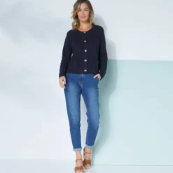 Gilet paletot maille fantaisie, boutons effet corne
