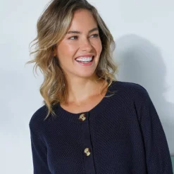 Gilet paletot maille fantaisie, boutons effet corne