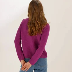 Gilet paletot maille fantaisie, boutons effet corne